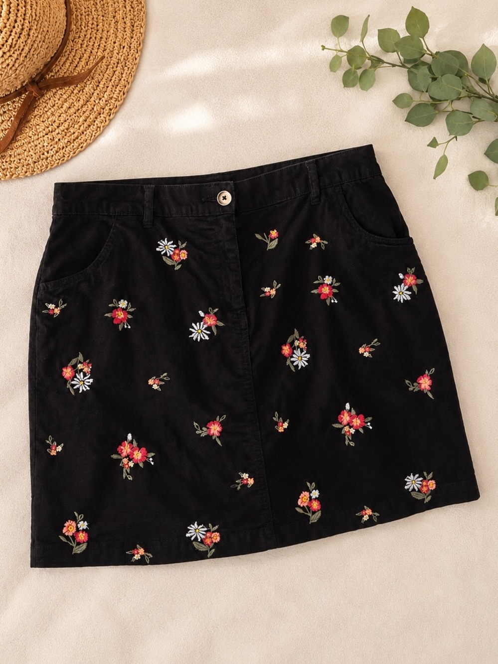 Karen Scott Embroidered Floral Denim Skort Skirt | Size 14W | Black Cotton Skirt